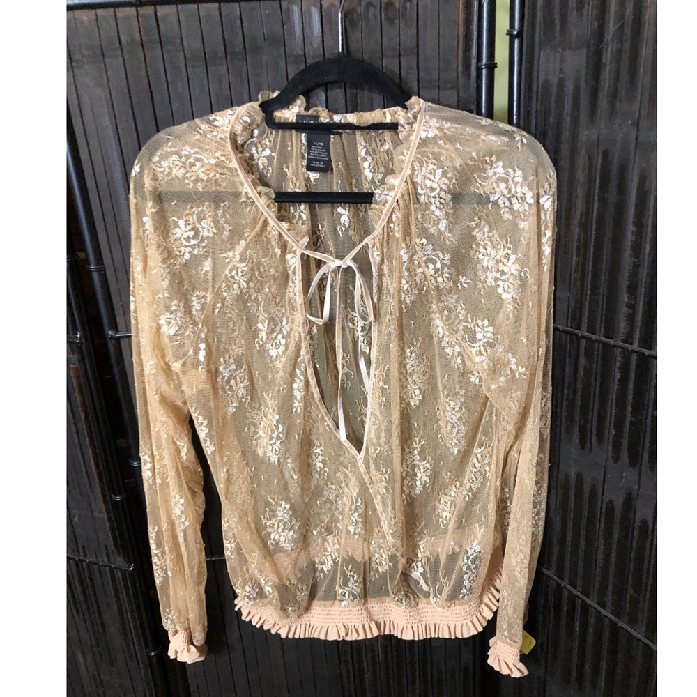 Tan Lace shirt w metallic flowers size 14/16